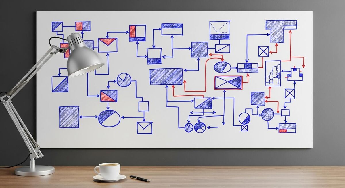 Whiteboard with abstract boxes and arrows showing a growth plan flowchart with no readable text