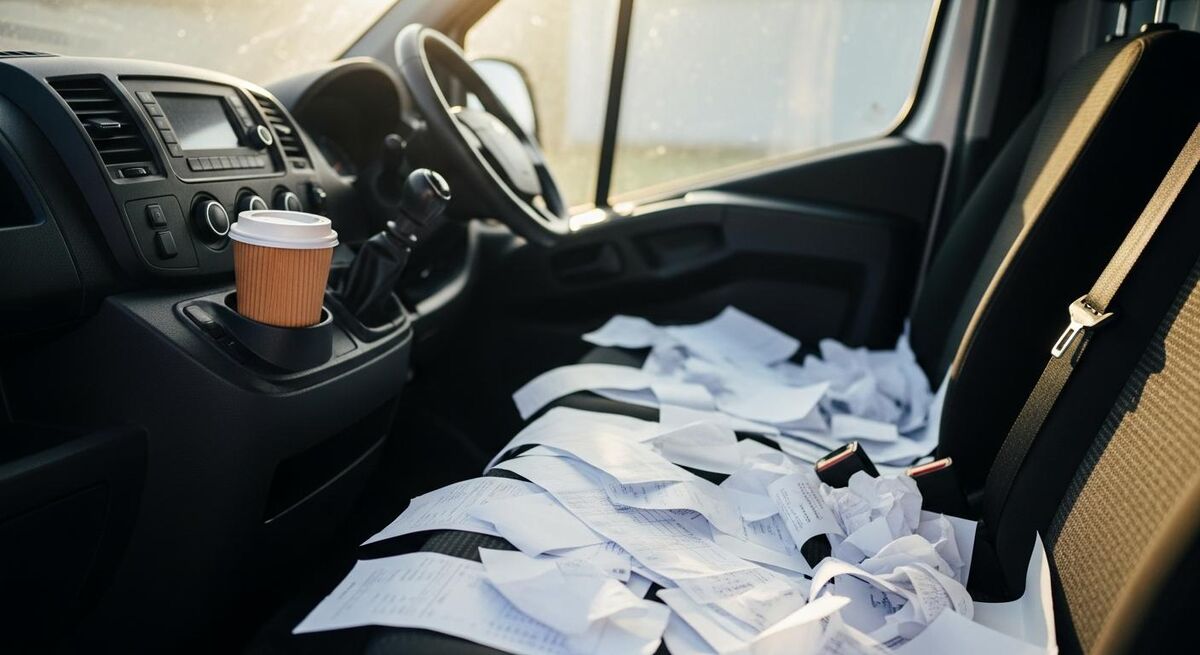 Close-up of a van dashboard with fuel warning light on and pile of invoices on the passenger seat