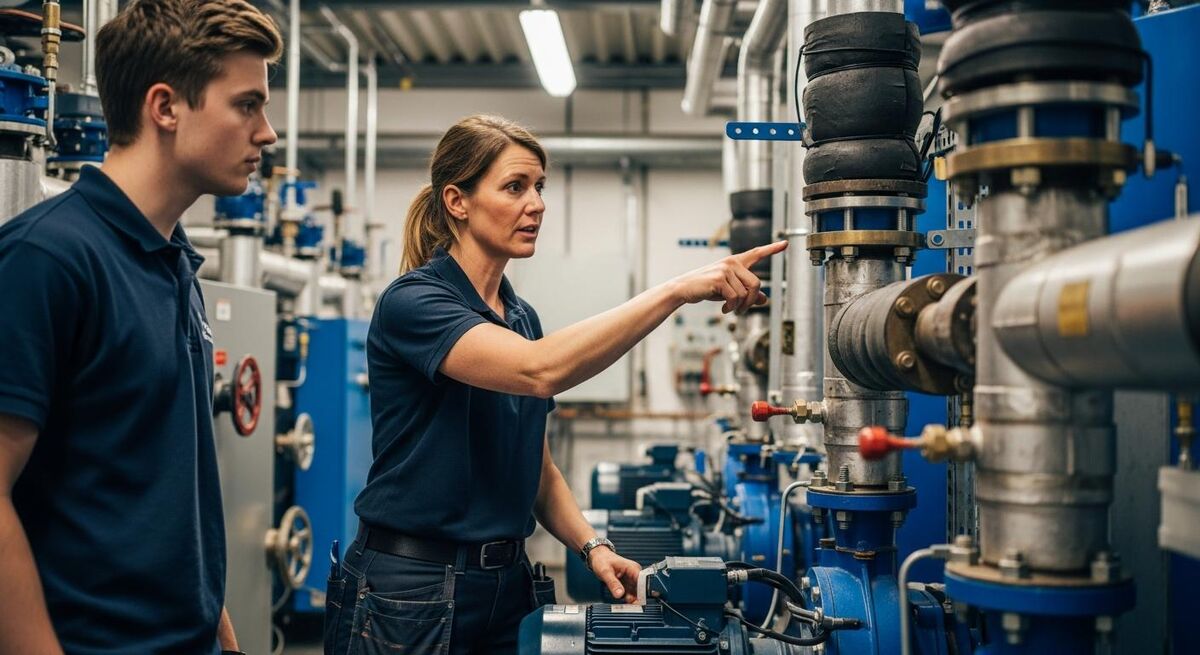 Experienced engineer mentoring a younger colleague beside a boiler installation