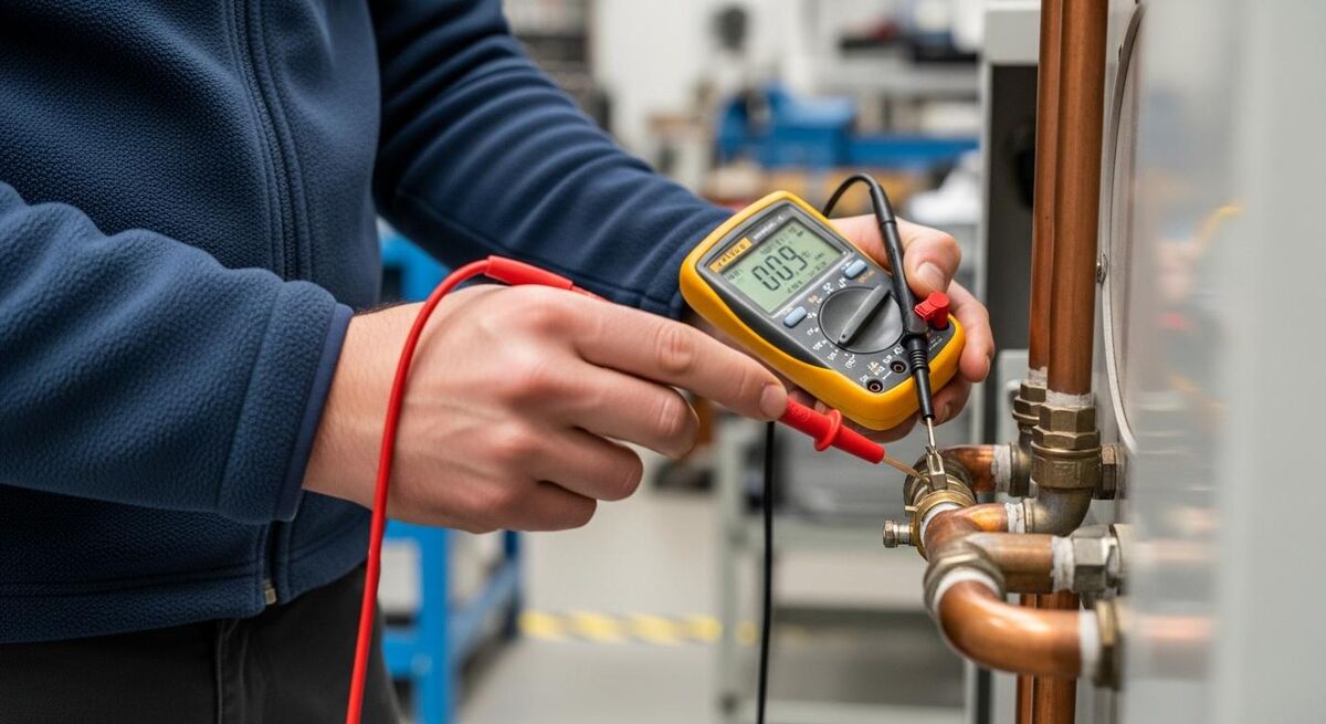 Field service engineer working on equipment with diagnostic tools