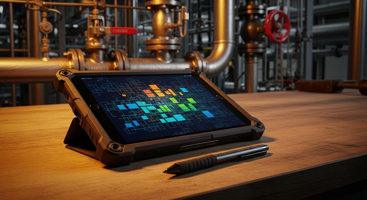 Tablet showing field service scheduling interface on a workbench