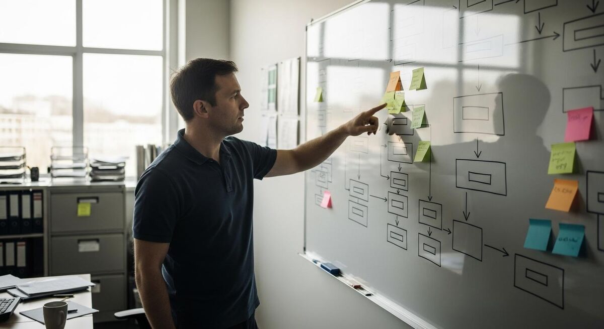 Operations manager reviewing engineer skills on a whiteboard with abstract diagrams