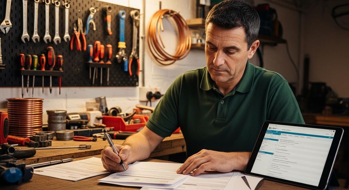 UK heating engineer reviewing certifications and customer database in workshop