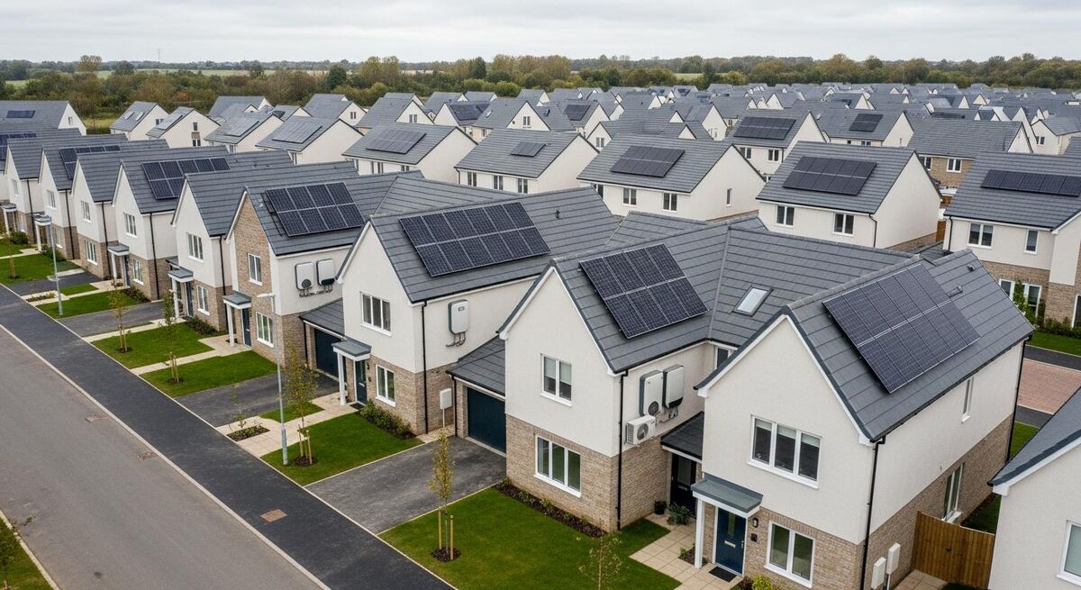 UK newbuild estate with air source heat pump units and solar panels installed under Future Homes Standard