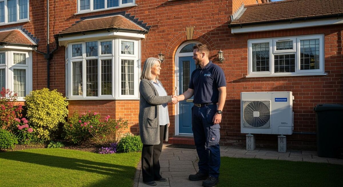 UK installer talking to homeowner outside a Victorian house with a heat pump unit being installed