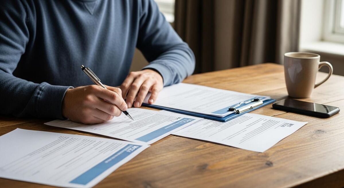 Installer reviewing MCS company certification paperwork at desk