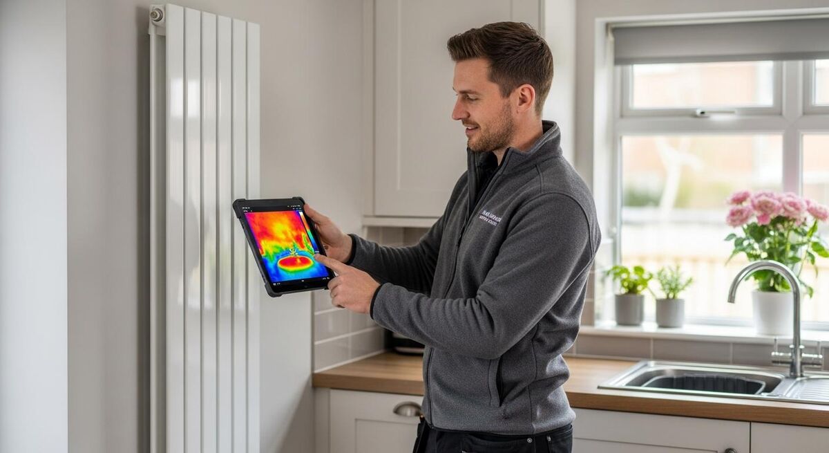 Heat pump installer pricing a job in a customer's home with thermal imaging tablet