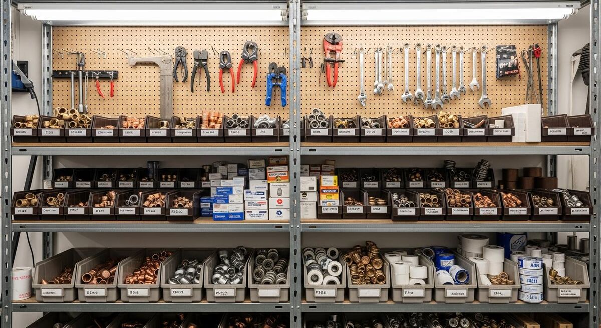 Workshop shelving unit with organised plumbing materials and parts bins