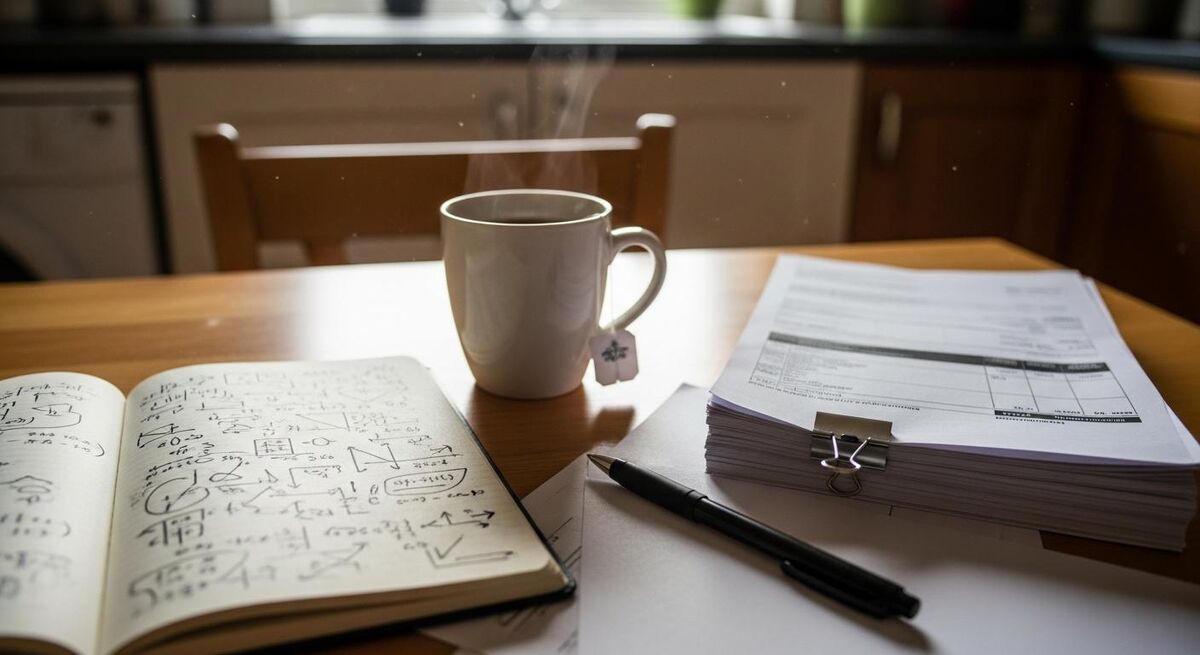 Open notebook showing cost calculations next to a cup of tea and invoices on a kitchen table