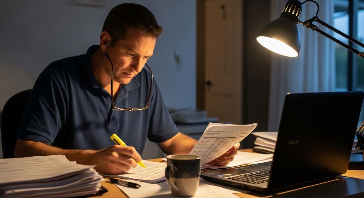 Plumbing business owner reviewing financial documents at a desk with calculator and laptop