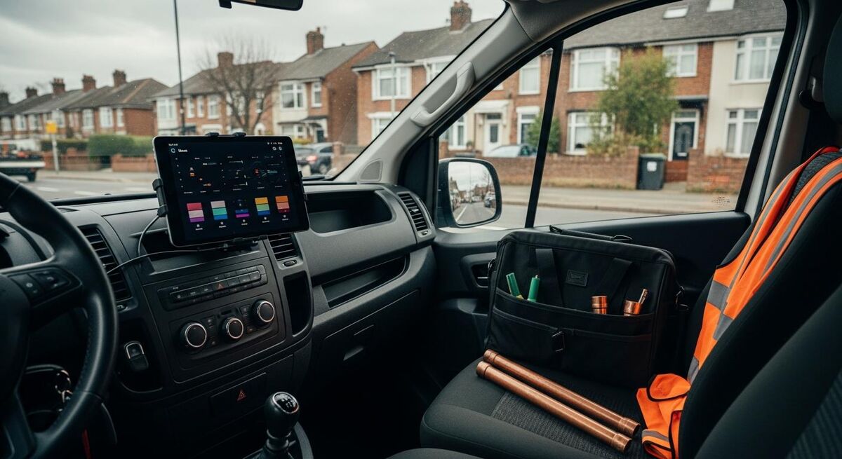 Tablet on a van dashboard showing a digital job management checklist