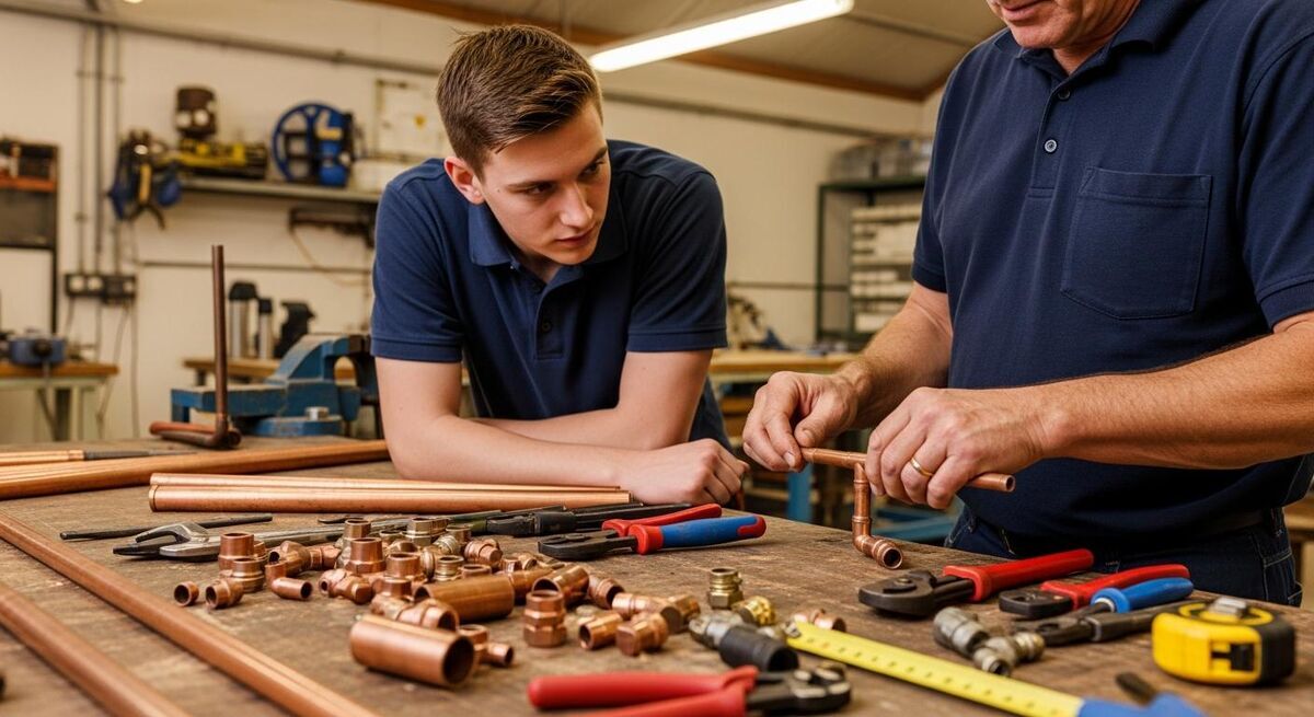 A younger worker observing an experienced tradesperson demonstrating a technique at a workbench