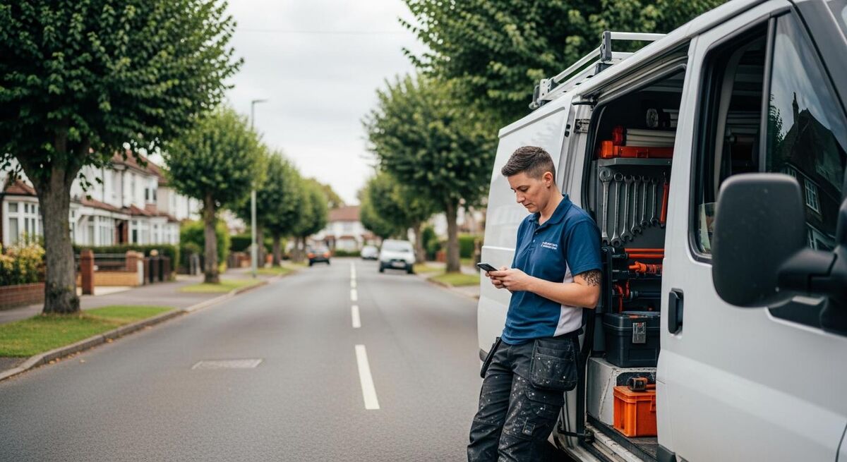 A tradesperson leaning against a van checking their phone during a break