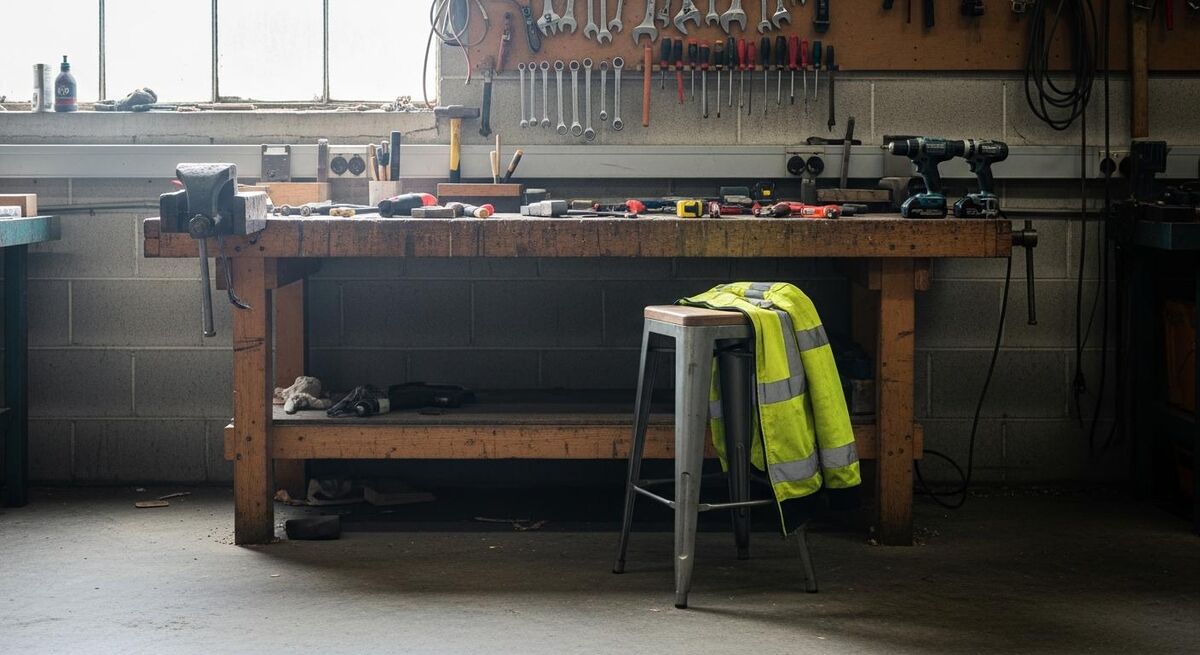 Empty workspace in a trades workshop with tools left idle on a workbench