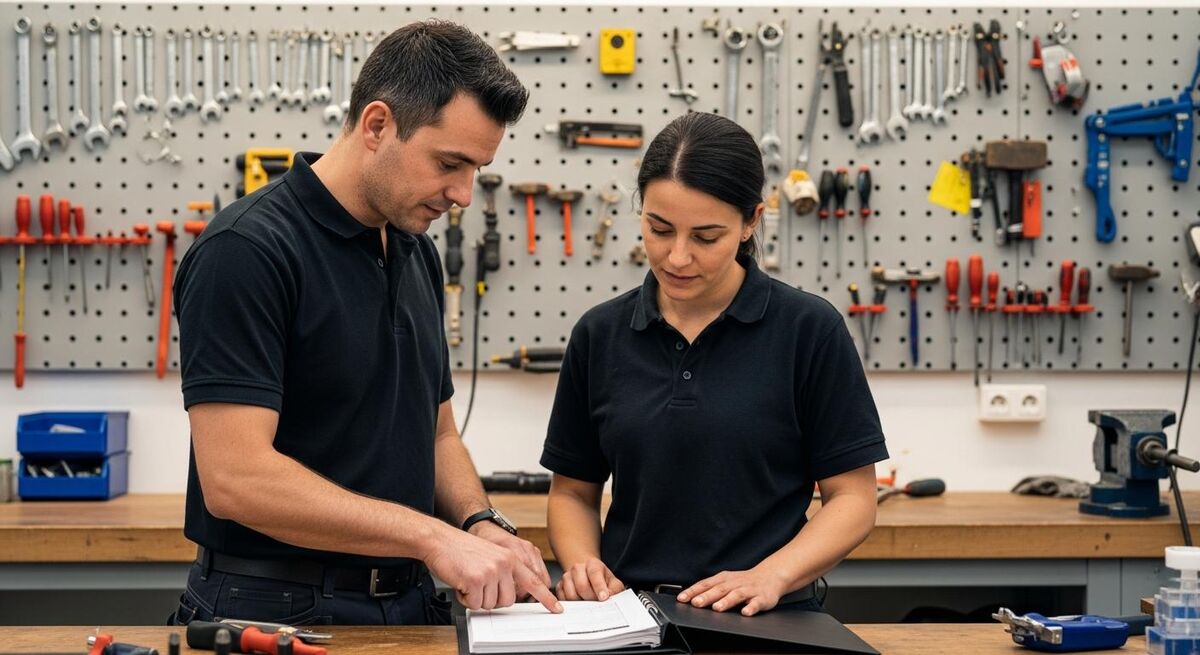Two tradespeople discussing plans beside a workbench in a well-lit workshop