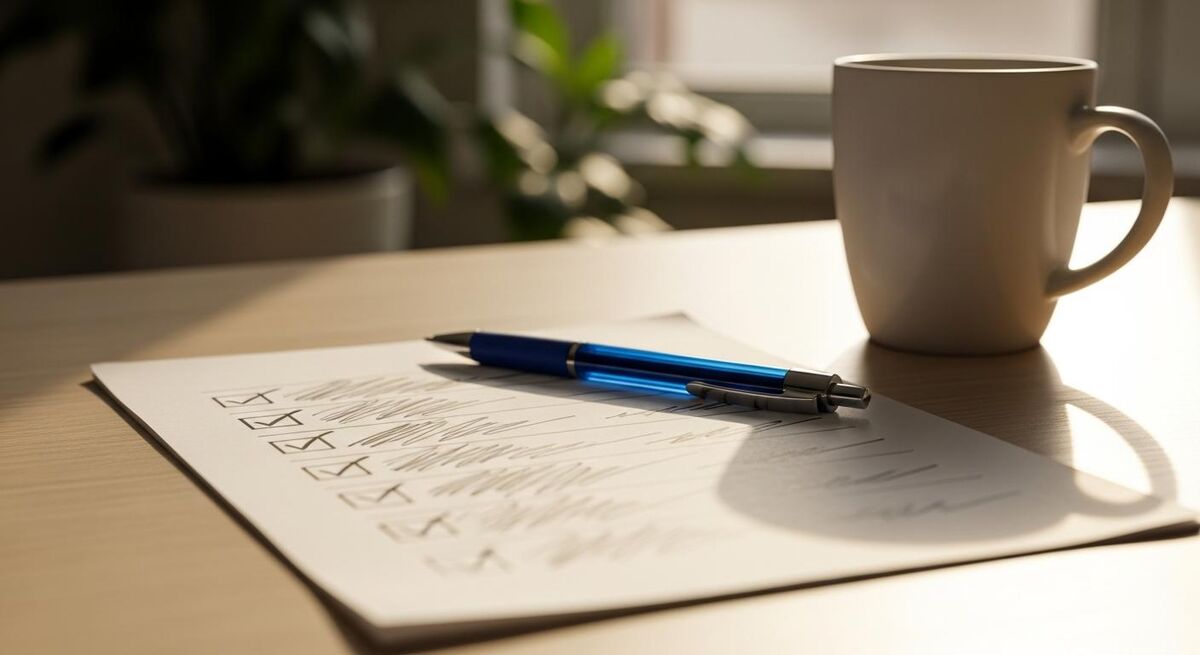 A desk with a printed checklist, pen, and coffee mug in a small office