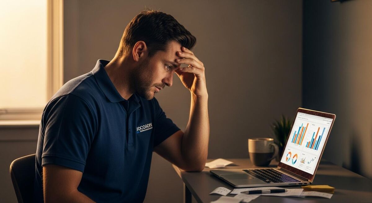 Tradesperson reviewing paperwork at a cluttered desk with tools nearby