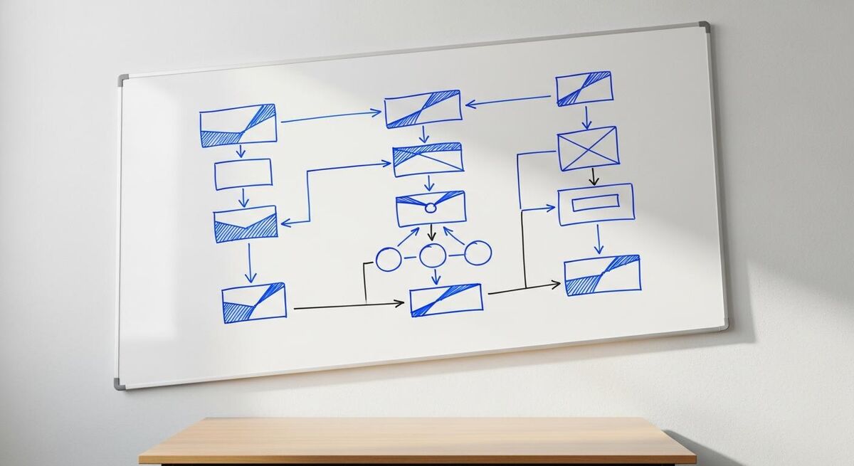 Whiteboard with abstract boxes and arrows showing service categories
