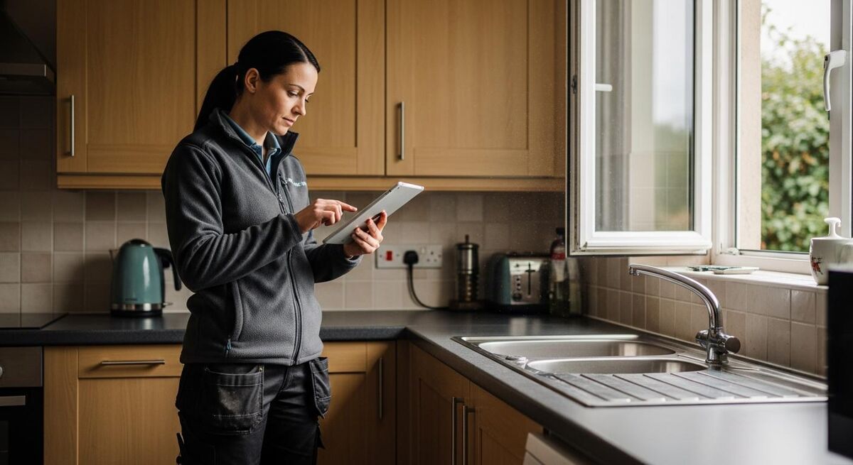 Engineer logging job details on a tablet in a customer kitchen