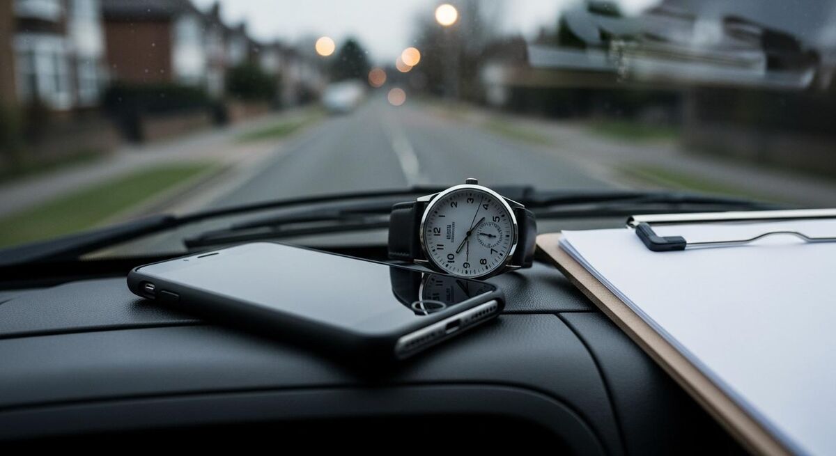Heating engineer in a van looking at the time on a phone showing a missed WhatsApp message