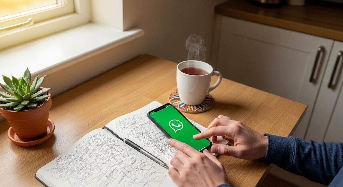 Heating engineer setting up WhatsApp Business profile on a phone at a kitchen table with a notebook open