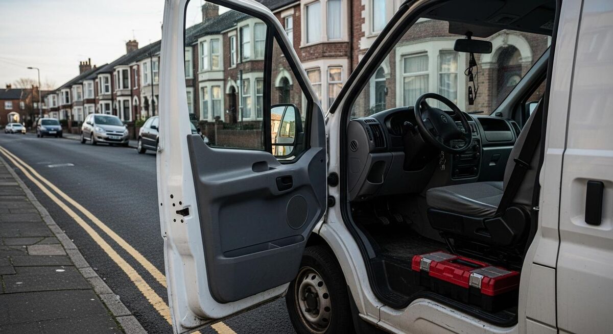 Empty white work van with open door on a UK residential street, toolbox visible inside
