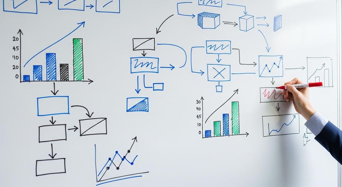 Whiteboard covered in abstract flowcharts, bar charts and arrows drawn in blue and red marker, with a hand holding a red marker