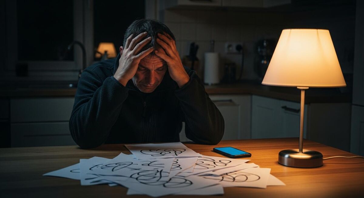 Stressed trades business owner sitting at a kitchen table late at night with head in hands, scattered paperwork, and a glowing phone