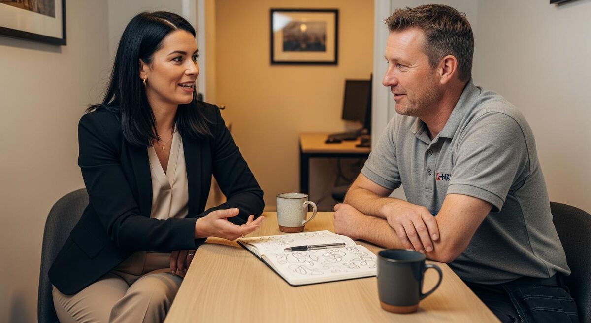 HR professional and tradesperson having a relaxed one-to-one meeting in a small office