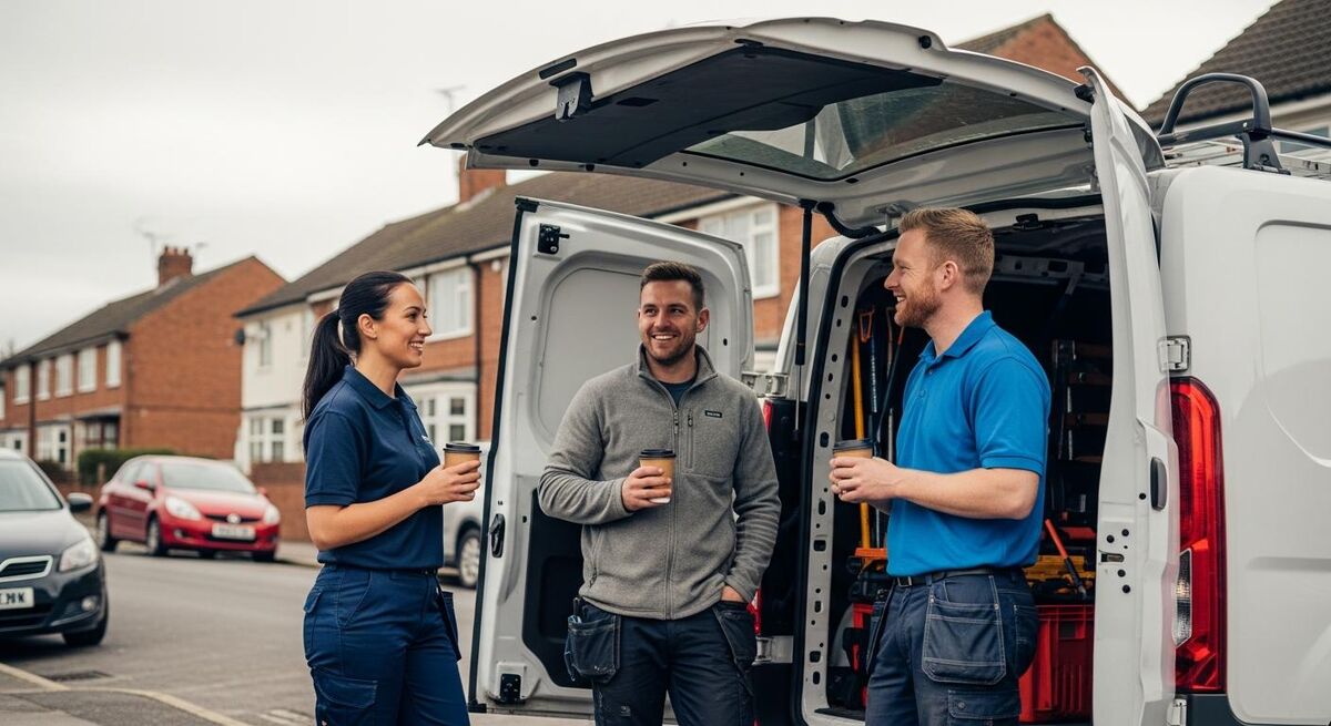 Three tradespeople having a casual meeting with coffee by the back of a work van on a UK street