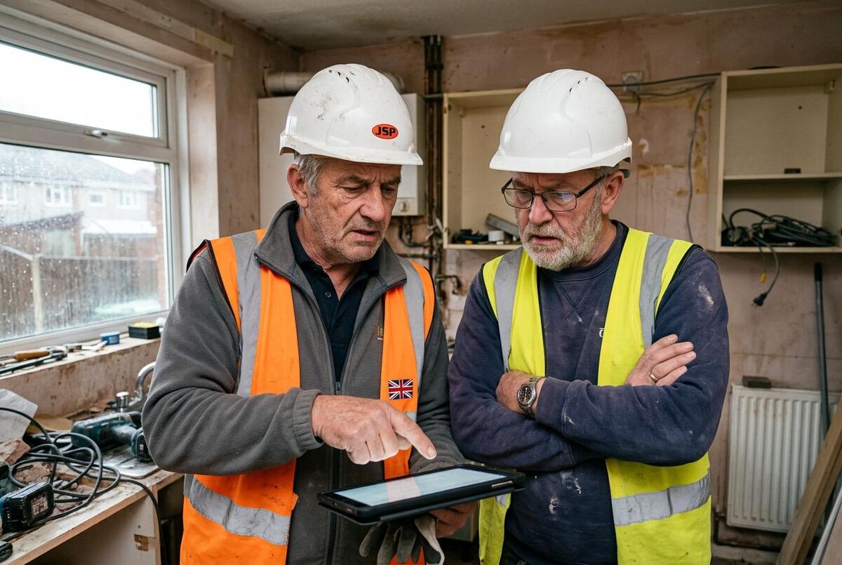 Two UK tradespeople reviewing software on a tablet at a renovation site