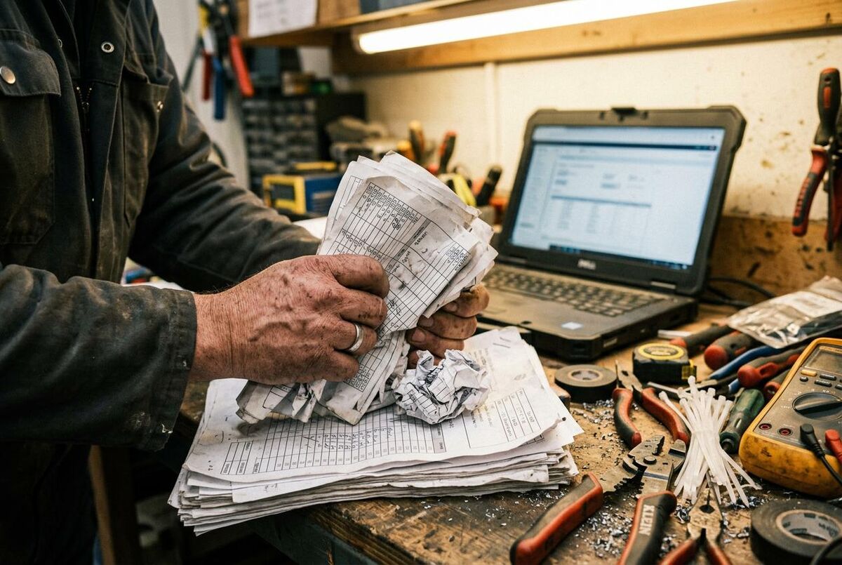 Tradesperson's hands gripping crumpled invoices on a cluttered workshop bench