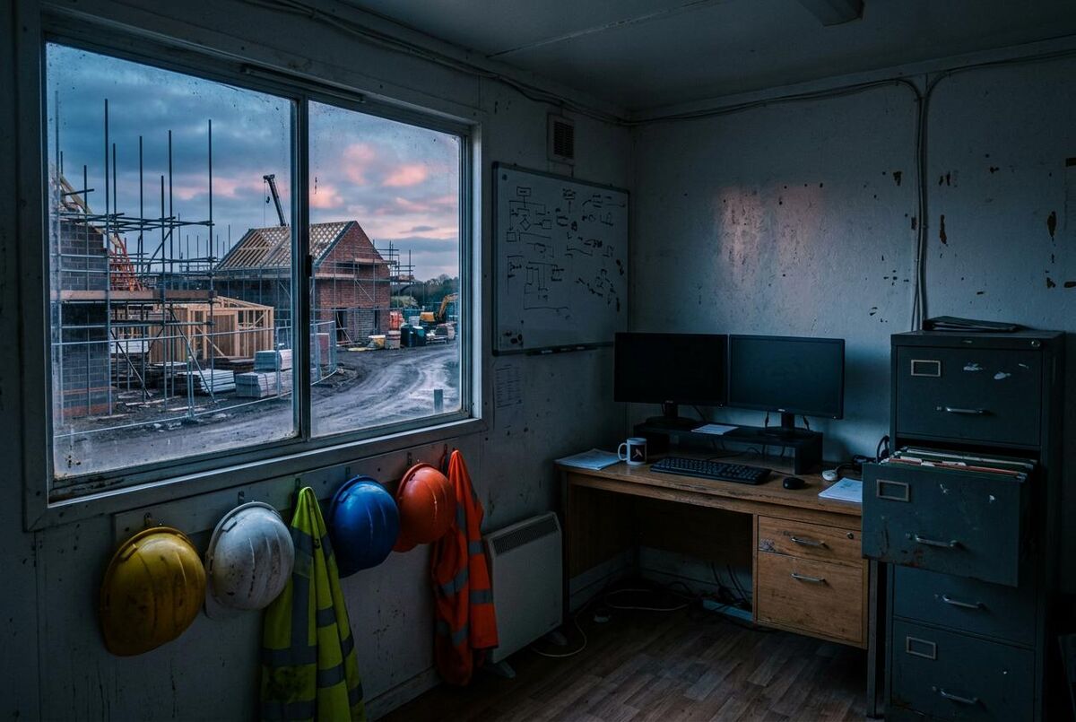 Empty portacabin site office at dawn with construction site through window