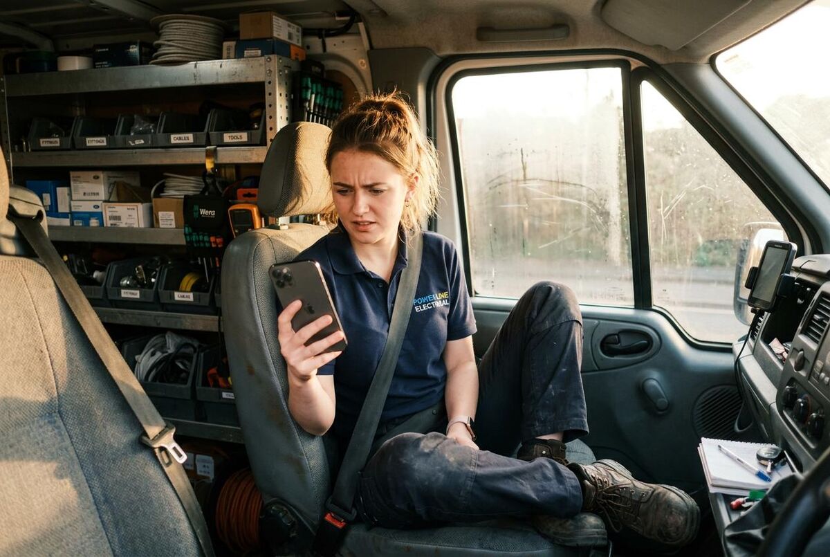 Young female electrician in a trade van looking confused at her phone