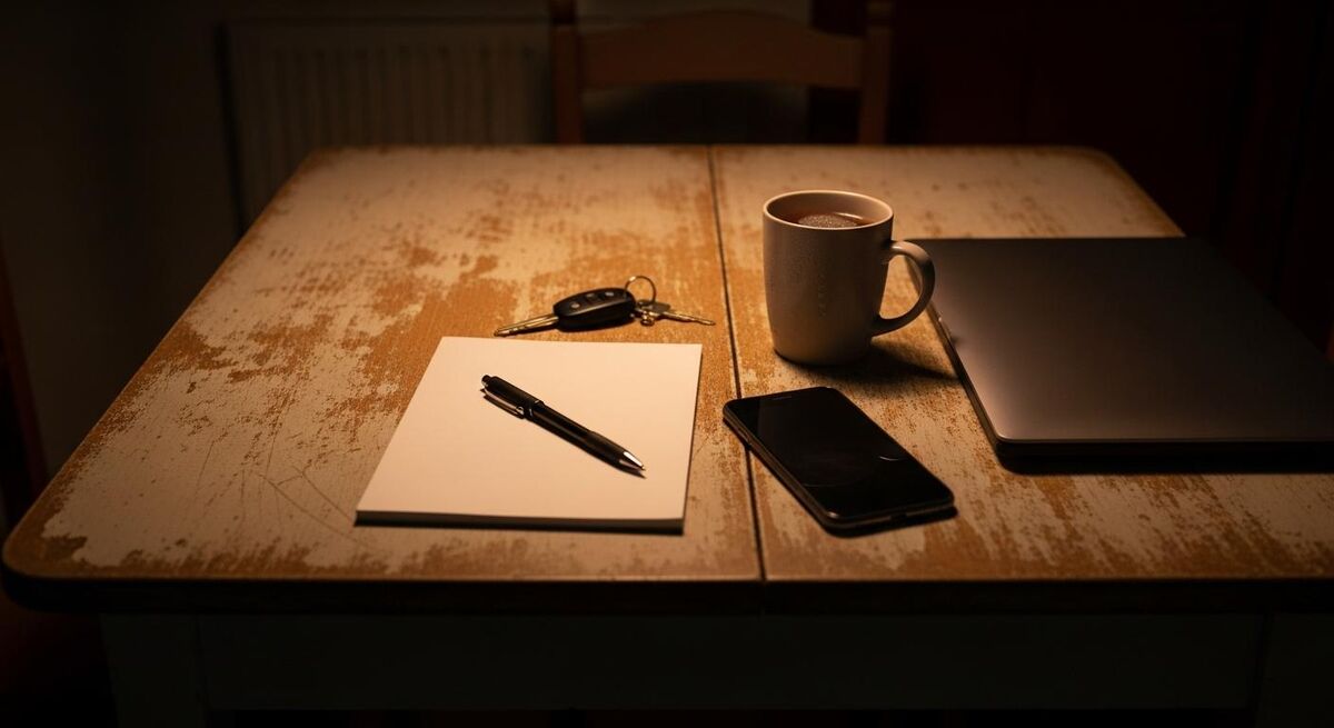 A field service engineer sitting at a kitchen table in the evening filling in job paperwork by lamplight