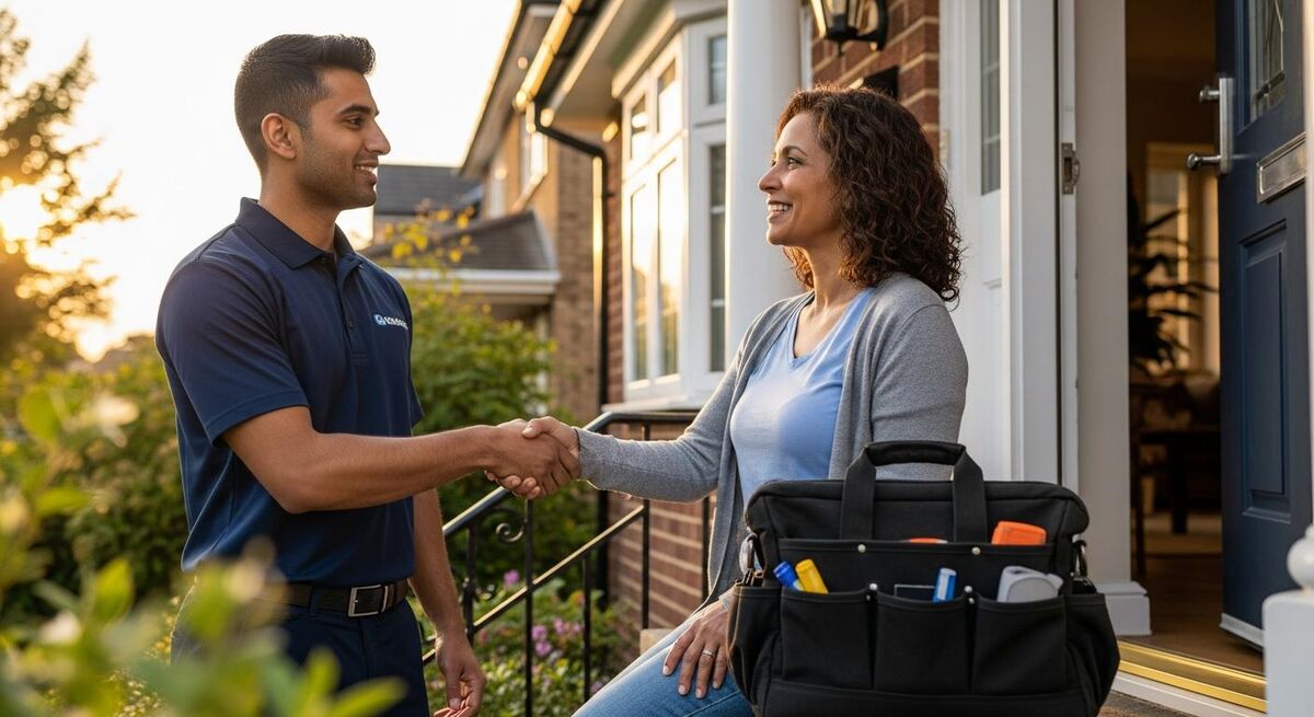 An engineer shaking hands with a homeowner on a doorstep after finishing a job