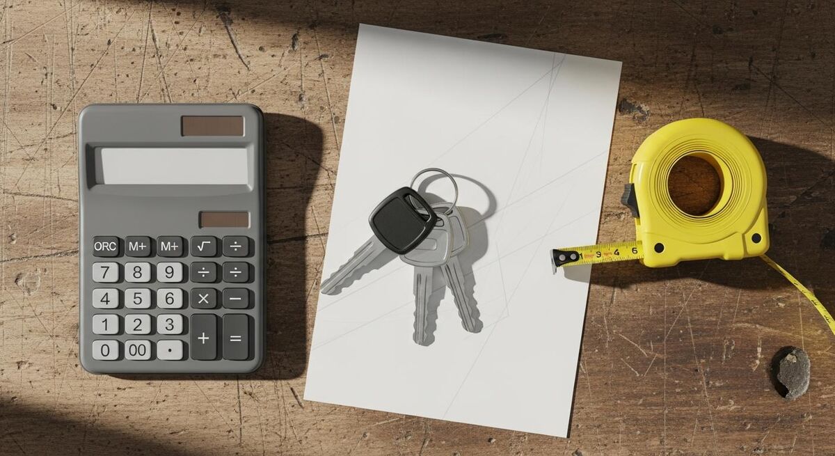 Close-up of a calculator, a paper invoice and van keys on a worn workbench