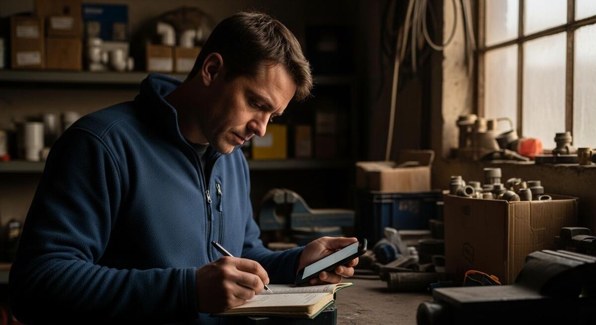 A tradesperson working out a job estimate with a notebook and phone in a dim workshop