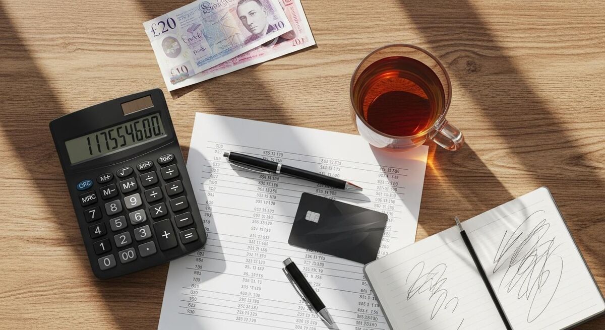 Overhead view of small business finances spread across a kitchen table with calculator, British currency, and tea