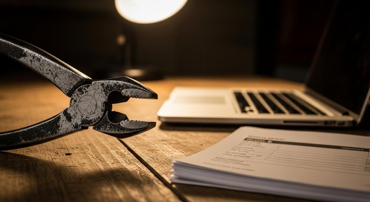 Well-worn electrician's pliers set down on a workbench next to a laptop and invoices