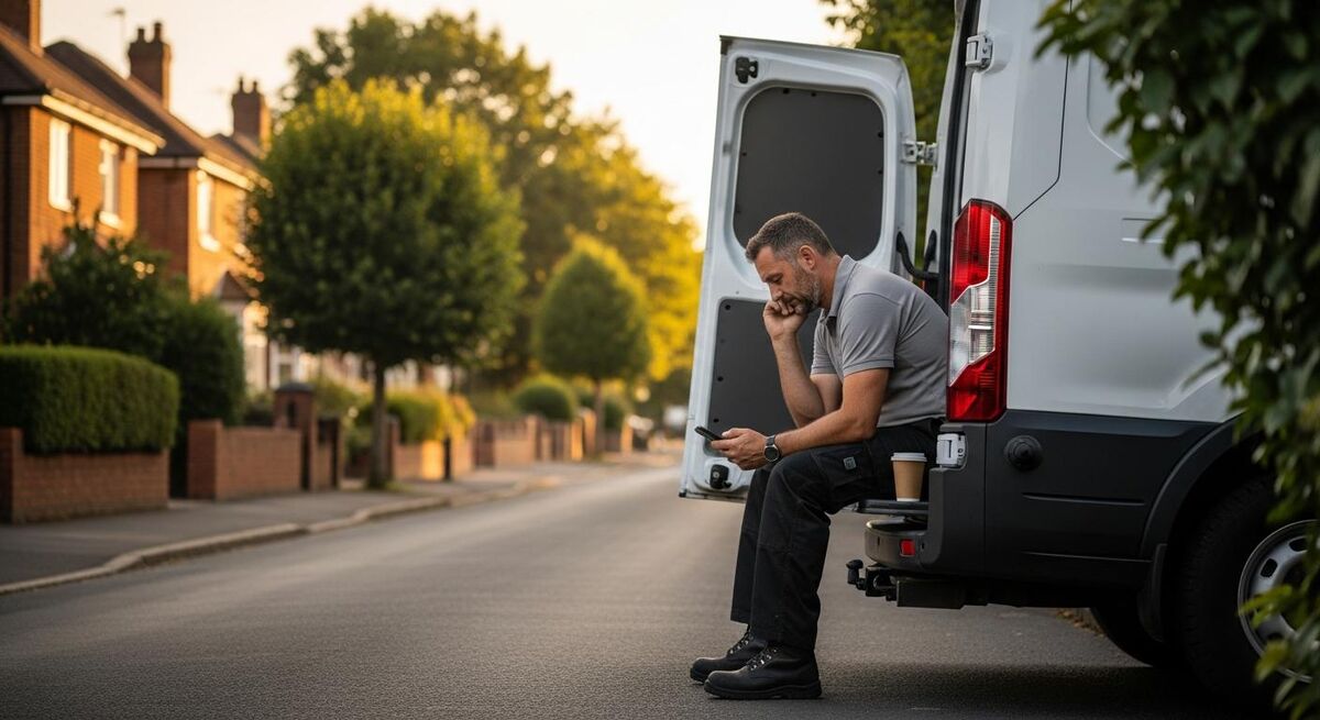 Tradesperson sitting on the tailgate of a white transit van, taking a quiet moment with his phone