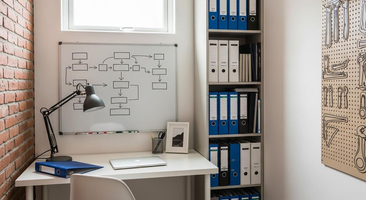 Small office corner converted from a workshop with whiteboard flowcharts and organised binders