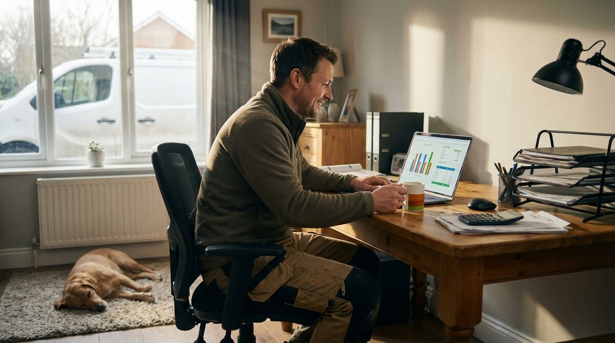 UK tradesperson reviewing automated workflow results on laptop at home office desk, van visible through window