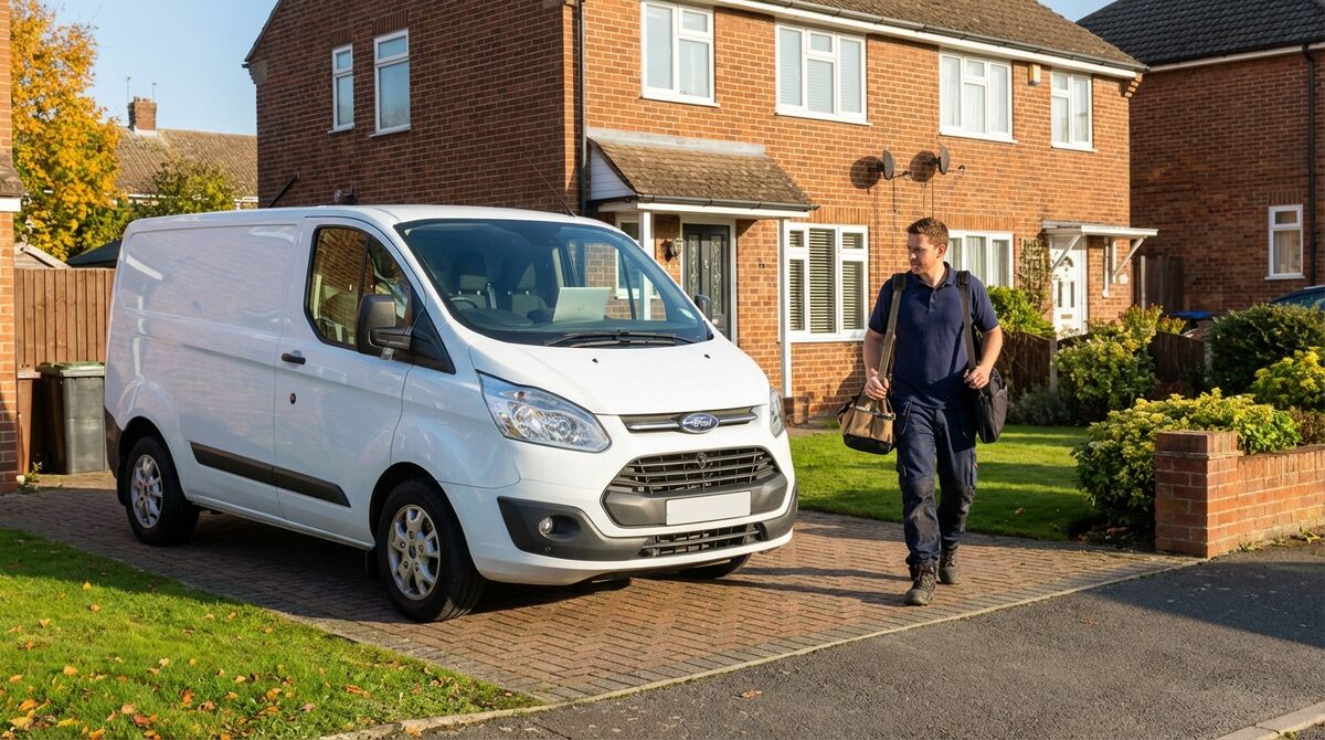 UK tradesperson arriving at a job with white van parked outside semi-detached house