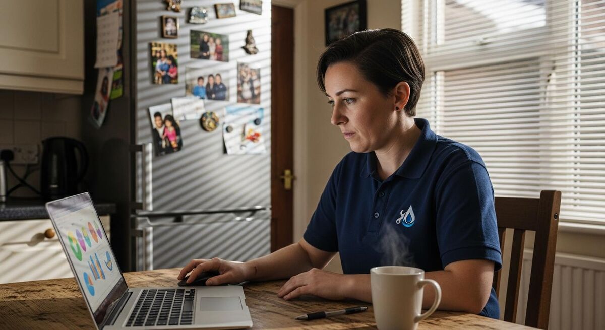 Female plumbing business owner reviewing financial spreadsheets on a laptop at her kitchen table