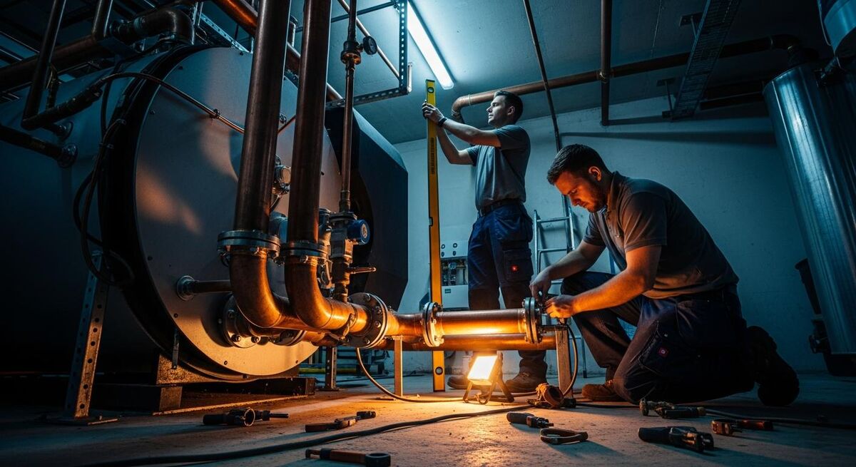 Two heating engineers installing large-bore copper pipework in an industrial plant room