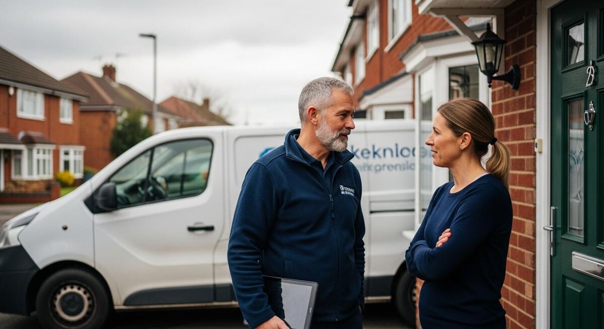 Plumber discussing pricing with a homeowner at a front door on a British residential street