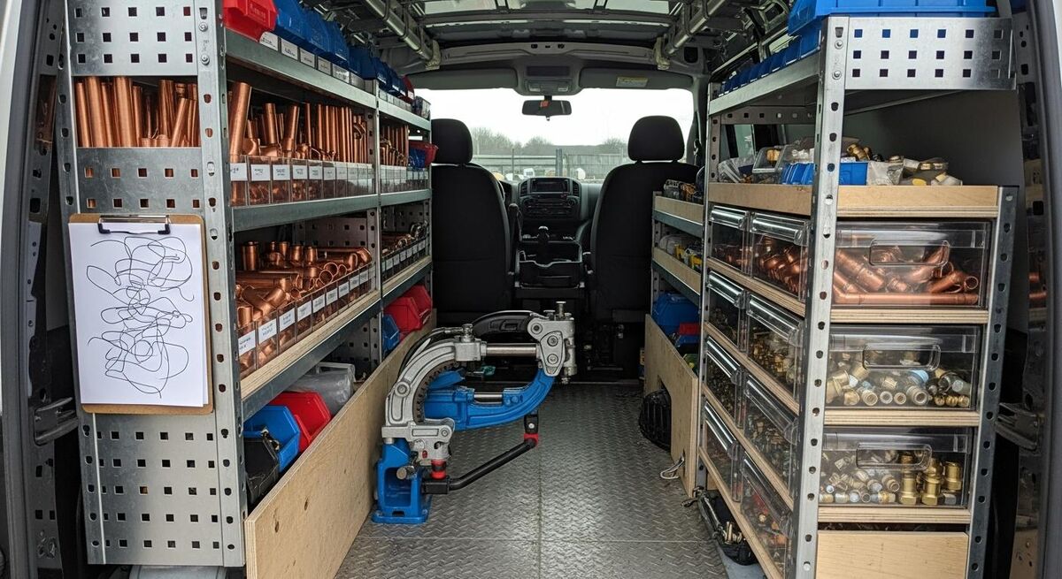 Interior of a neatly organised plumber's van with copper pipe fittings sorted in labelled bins