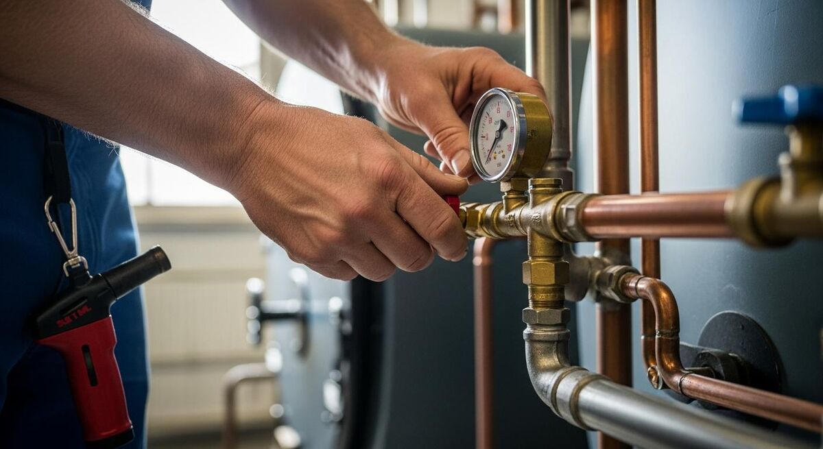 Close-up of a plumber's hands adjusting a brass pressure gauge on copper pipework in a plant room
