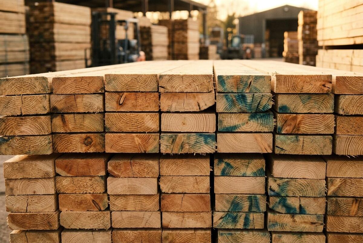 Stacked softwood timber planks at a UK timber yard showing end grain patterns and treatment marks